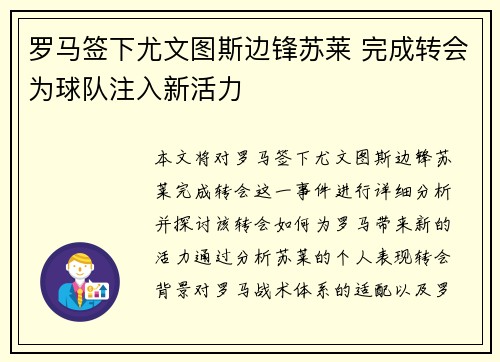 罗马签下尤文图斯边锋苏莱 完成转会为球队注入新活力