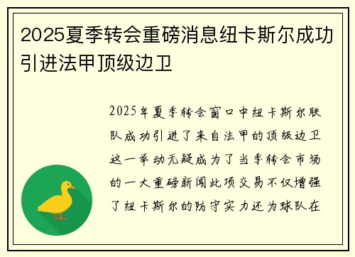 2025夏季转会重磅消息纽卡斯尔成功引进法甲顶级边卫
